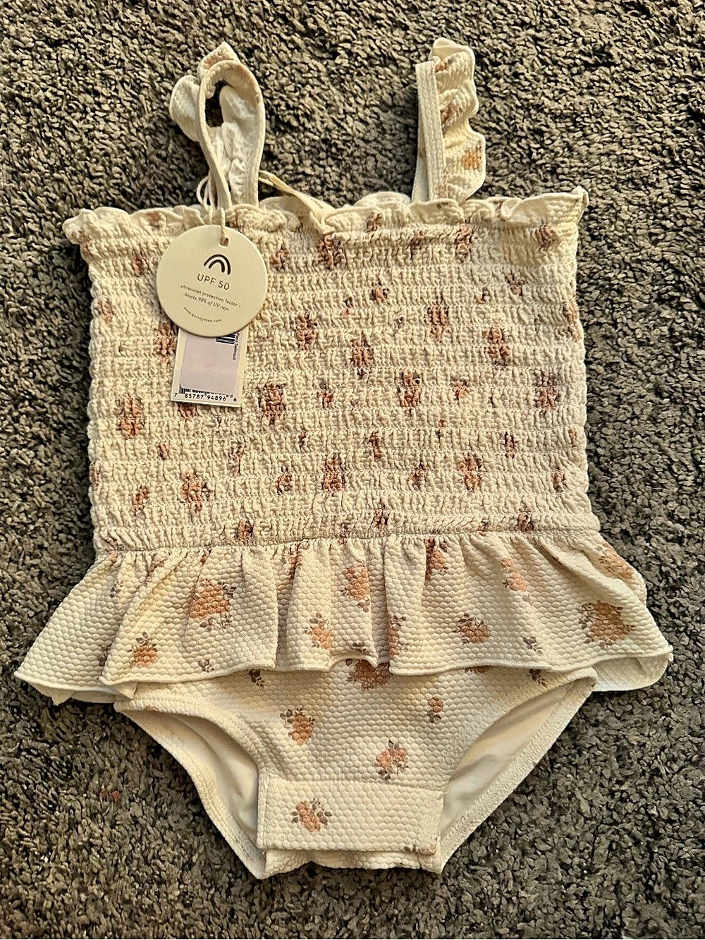 UPF 50 Kids Ruffle One-Piece Swimsuit in Cream & Floral NWT
